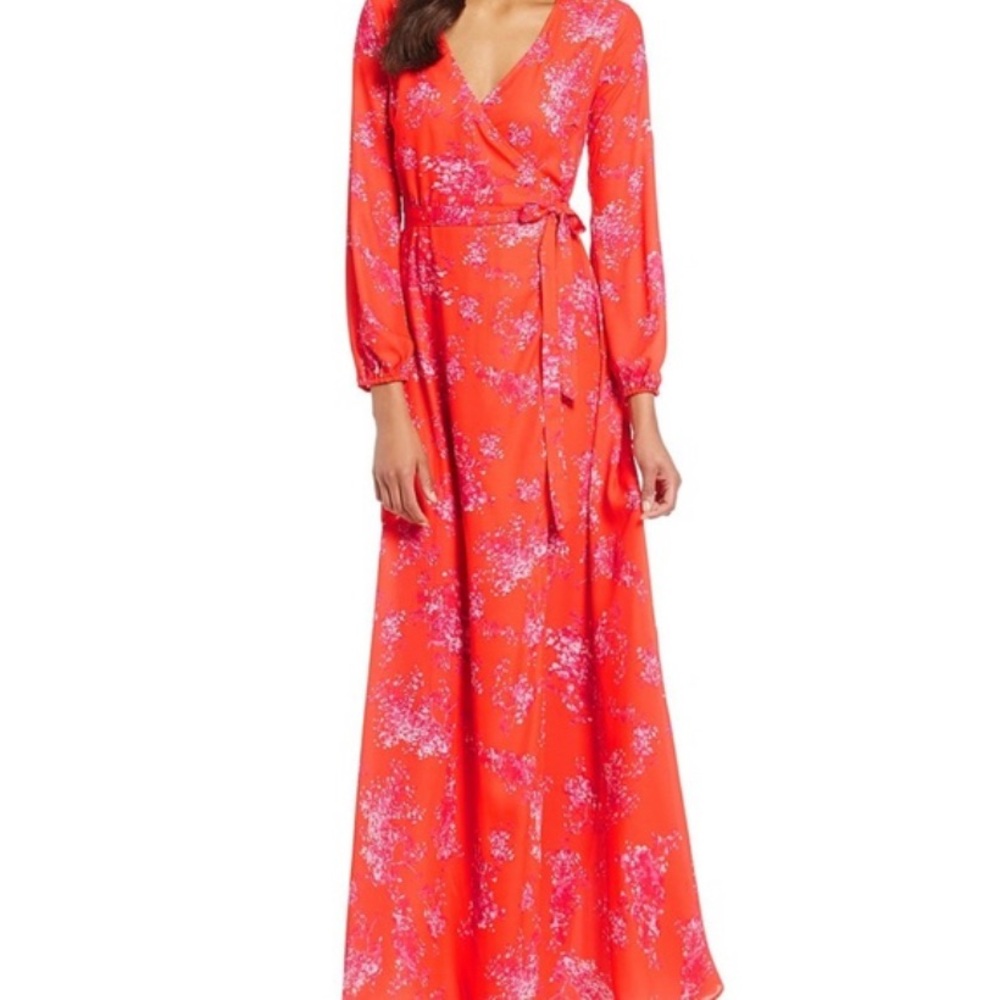 Gianni Bini floral wrap around long sleeve long rotar dress in clementine XS